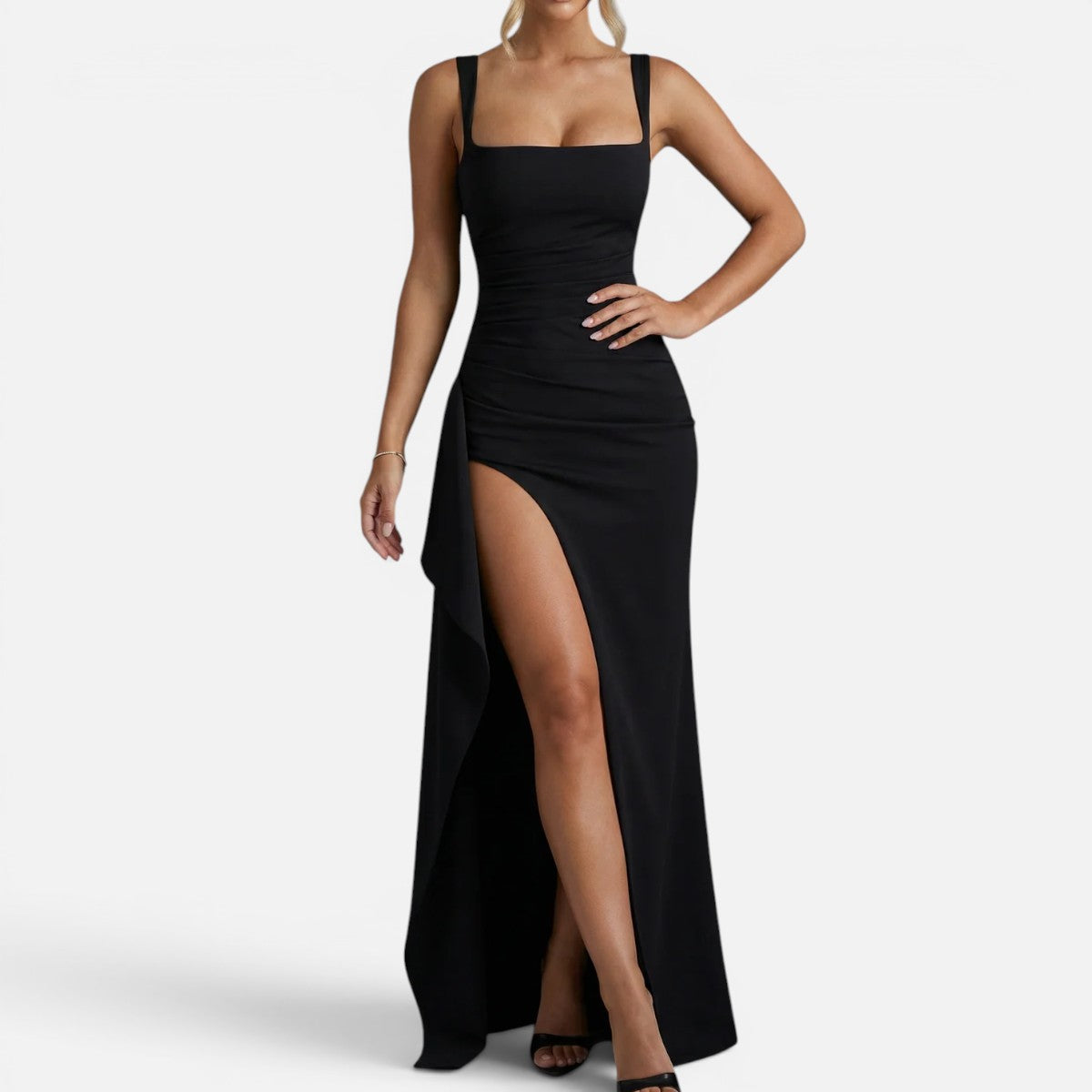 Duvrier | Women’s Elegant Bodycon Slip Maxi Dress with Leg Split and Open Back