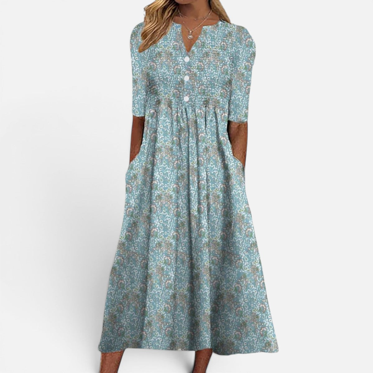 Duvrier | Women's Midi Dress with Floral Print and Buttoned Front