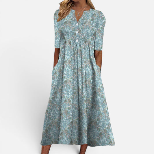 Duvrier | Women's Midi Dress with Floral Print and Buttoned Front