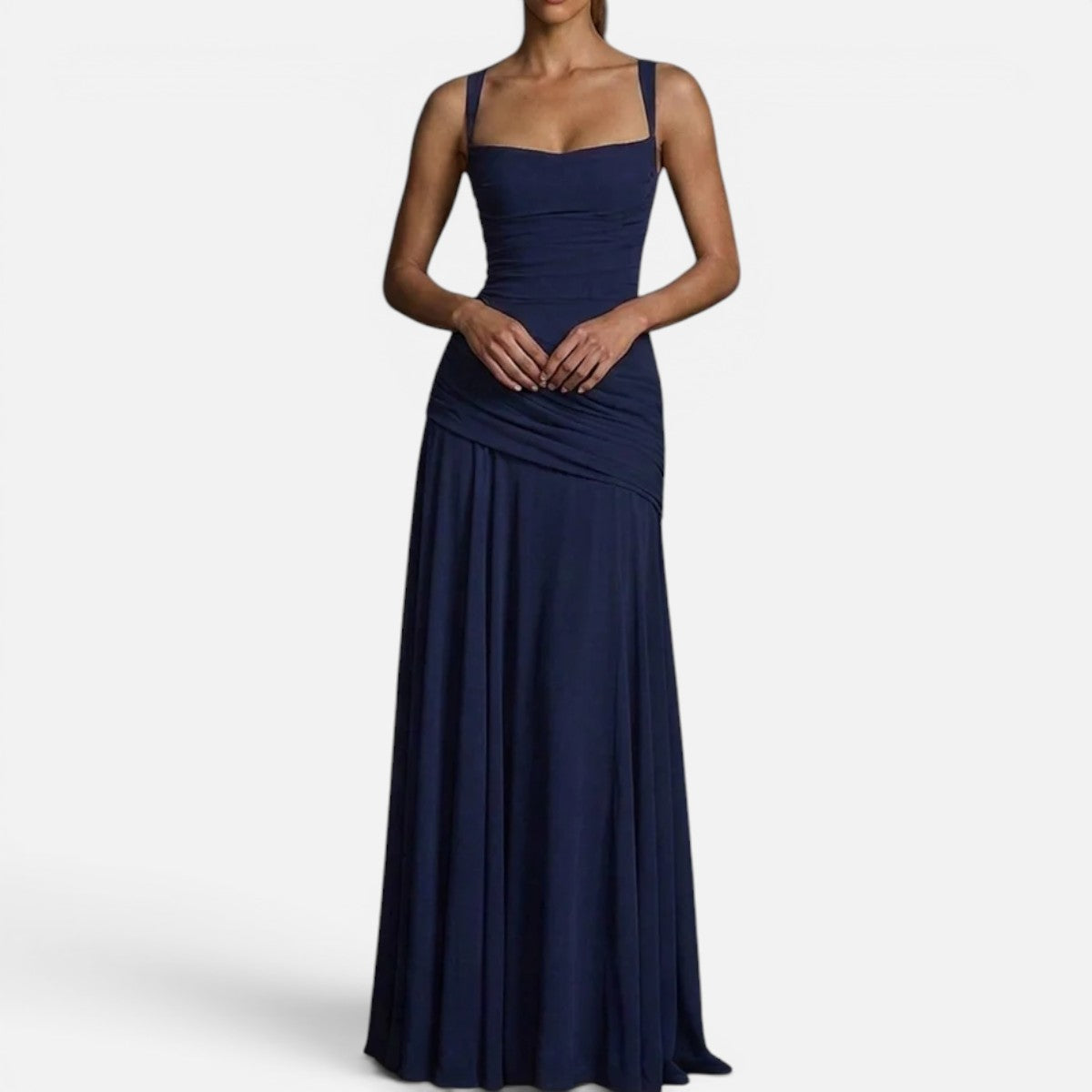 Duvrier | Women's Square Neck Sleeveless Ruched Maxi Wedding Guest Dress