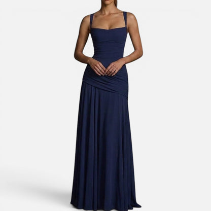 Duvrier | Women's Square Neck Sleeveless Ruched Maxi Wedding Guest Dress
