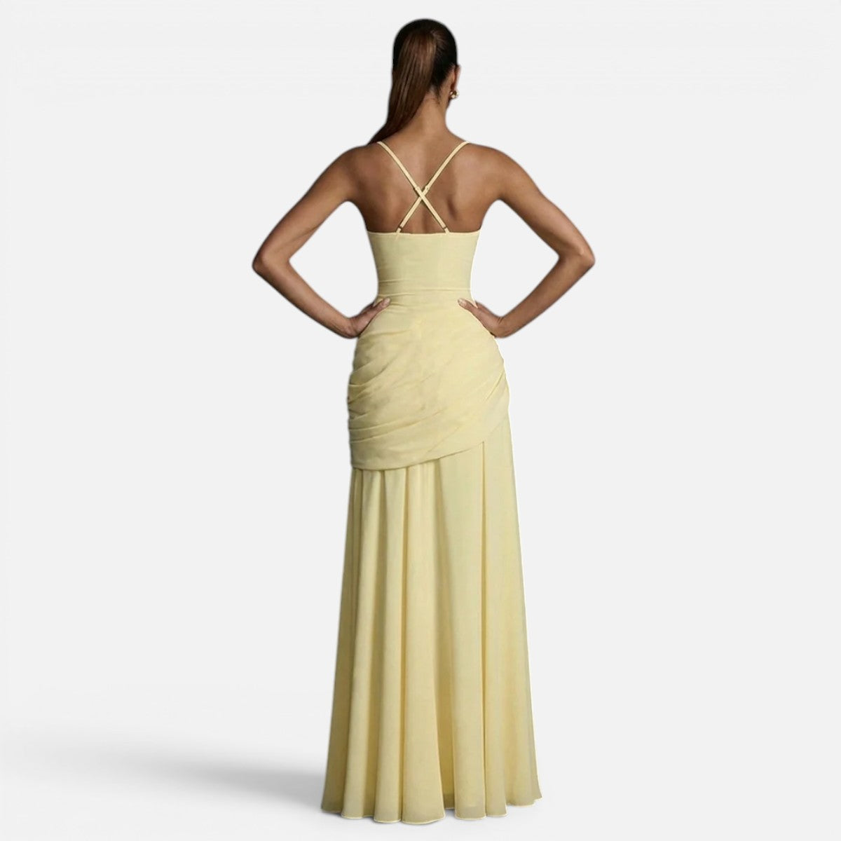 Duvrier | Women's Square Neck Sleeveless Ruched Maxi Wedding Guest Dress