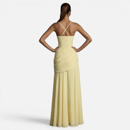 Duvrier | Women's Square Neck Sleeveless Ruched Maxi Wedding Guest Dress