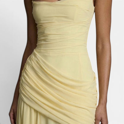 Duvrier | Women's Square Neck Sleeveless Ruched Maxi Wedding Guest Dress