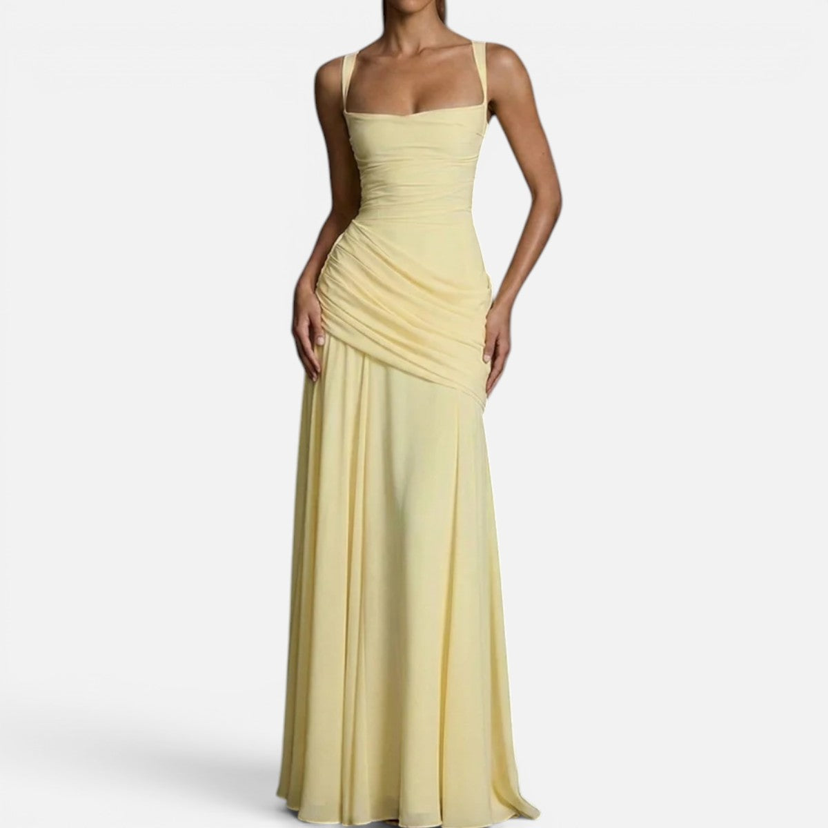 Duvrier | Women's Square Neck Sleeveless Ruched Maxi Wedding Guest Dress