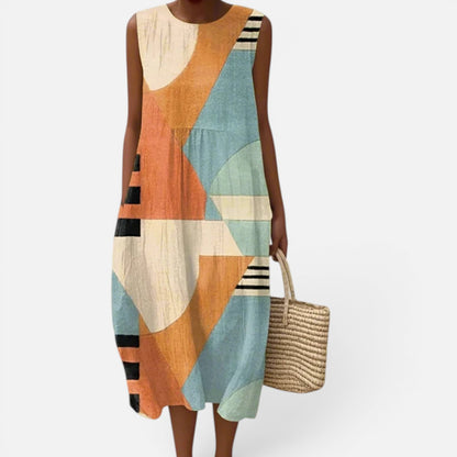 Duvrier | Women’s Lightweight  Sleeveless Tummy Coverage Summer Dress With Artistic Print