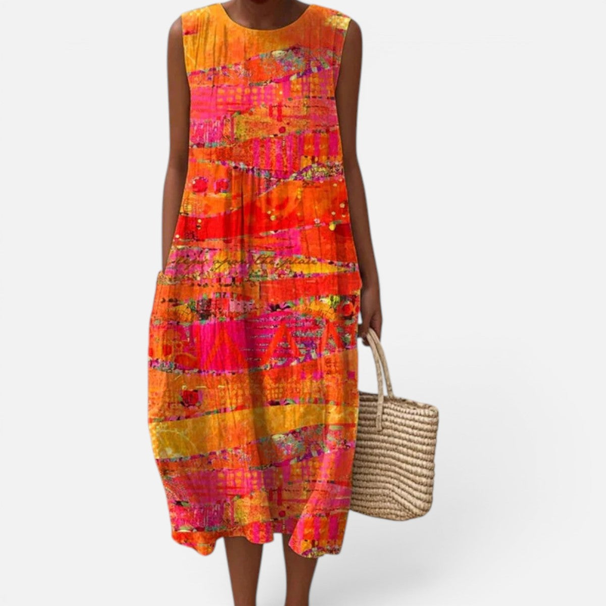 Duvrier | Women’s Lightweight  Sleeveless Tummy Coverage Summer Dress With Artistic Print
