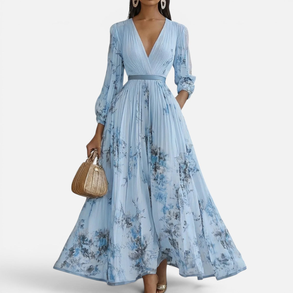 Duvrier | Women's Ascot Floral V-Neck Long Sleeve Maxi Dress