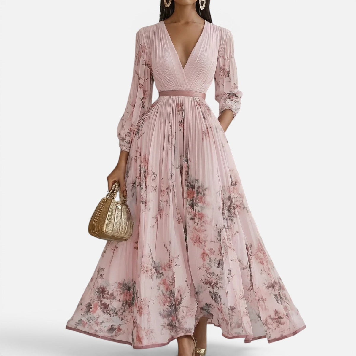 Duvrier | Women's Ascot Floral V-Neck Long Sleeve Maxi Dress