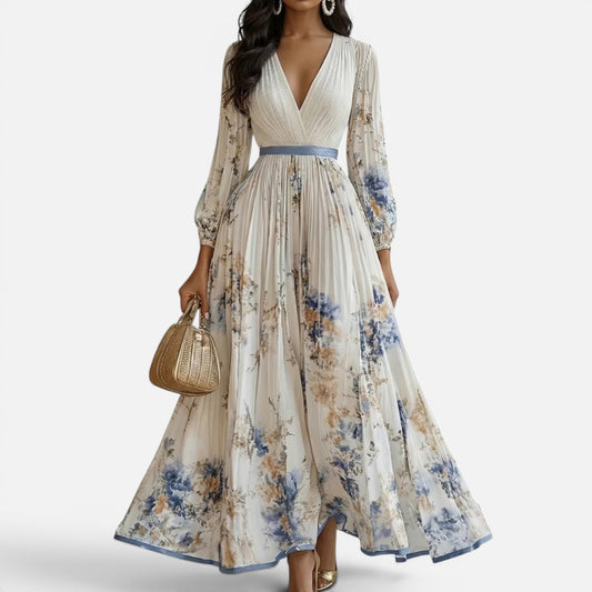 Duvrier | Women's Ascot Floral V-Neck Long Sleeve Maxi Dress