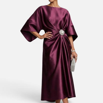 Duvrier | Women's Wedding Guest Satin Style Batwing Jewel Midi Dress