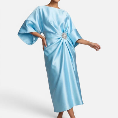 Duvrier | Women's Wedding Guest Satin Style Batwing Jewel Midi Dress