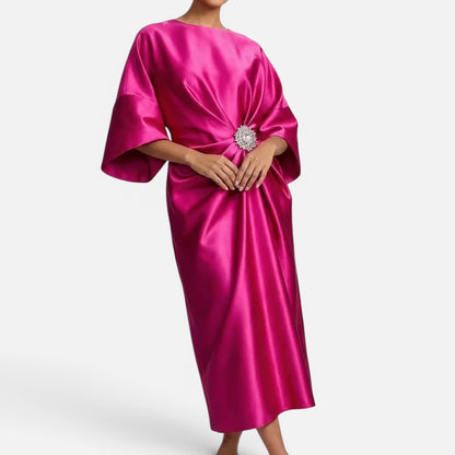 Duvrier | Women's Wedding Guest Satin Style Batwing Jewel Midi Dress