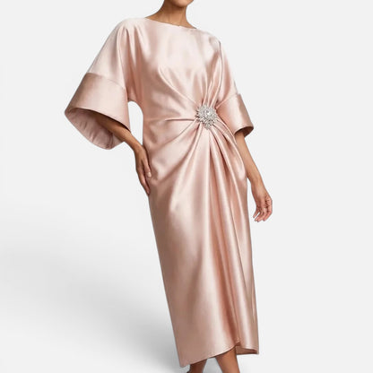 Duvrier | Women's Wedding Guest Satin Style Batwing Jewel Midi Dress