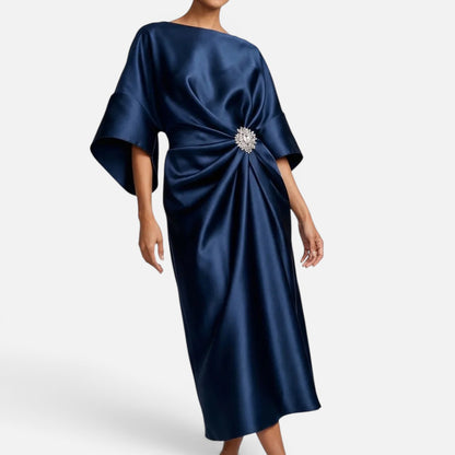 Duvrier | Women's Wedding Guest Satin Style Batwing Jewel Midi Dress