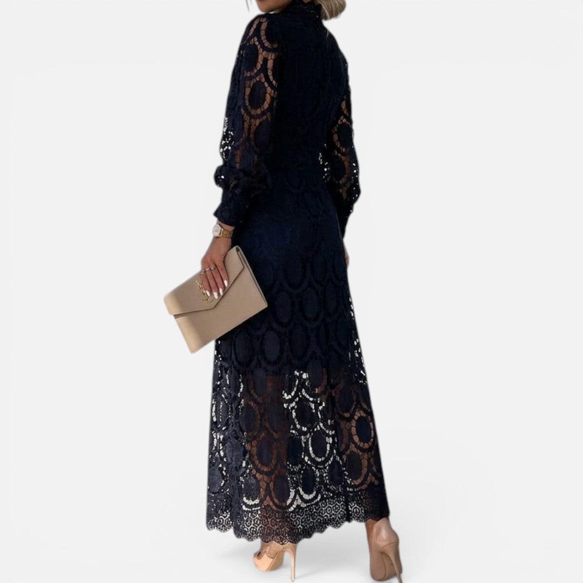 Duvrier | Womne's Lace Puff Sleeve Dress – Elegant High Neck Occasion Dress