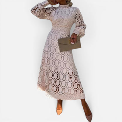 Duvrier | Womne's Lace Puff Sleeve Dress – Elegant High Neck Occasion Dress