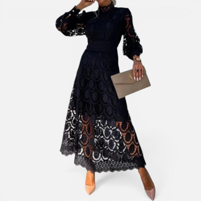 Duvrier | Womne's Lace Puff Sleeve Dress – Elegant High Neck Occasion Dress