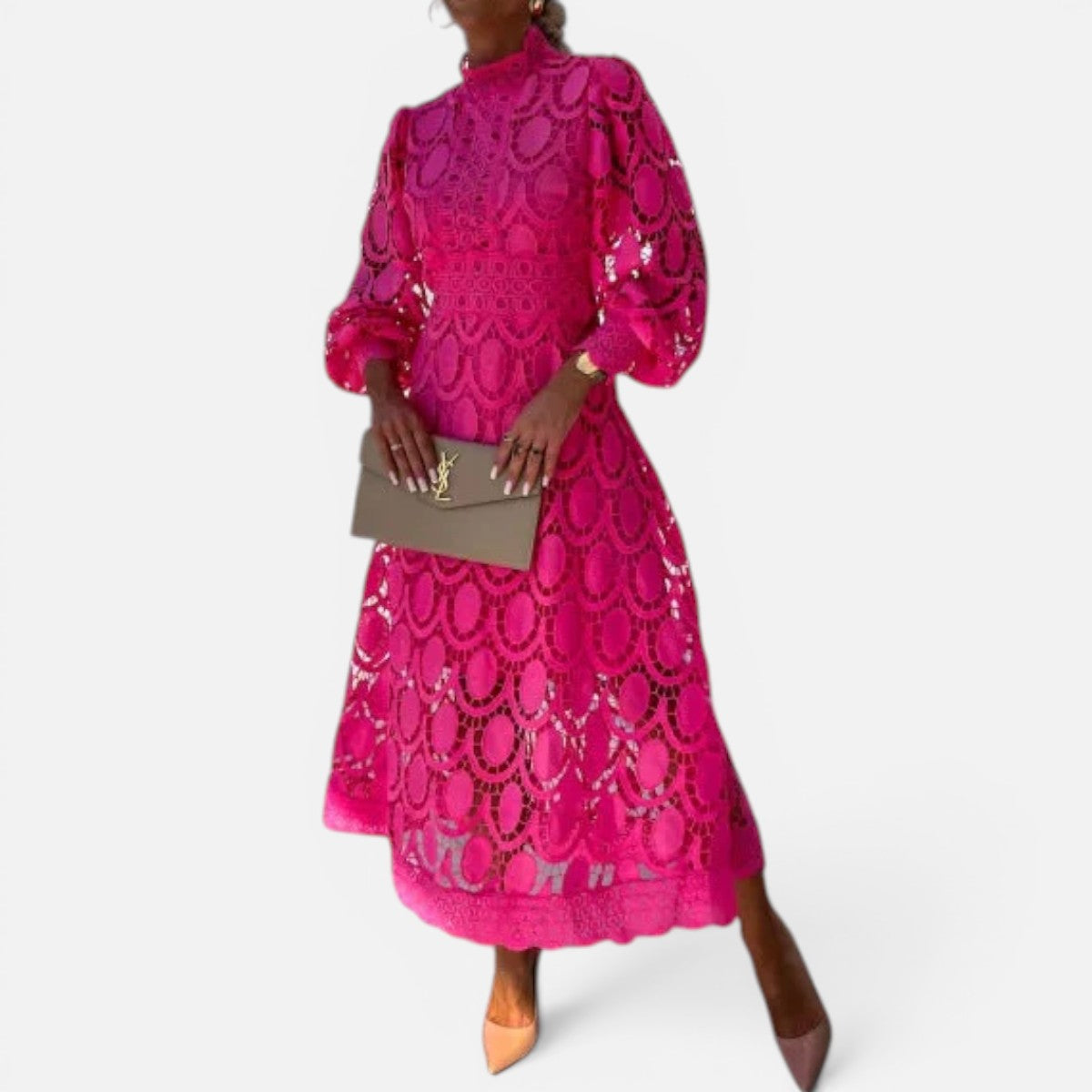 Duvrier | Womne's Lace Puff Sleeve Dress – Elegant High Neck Occasion Dress