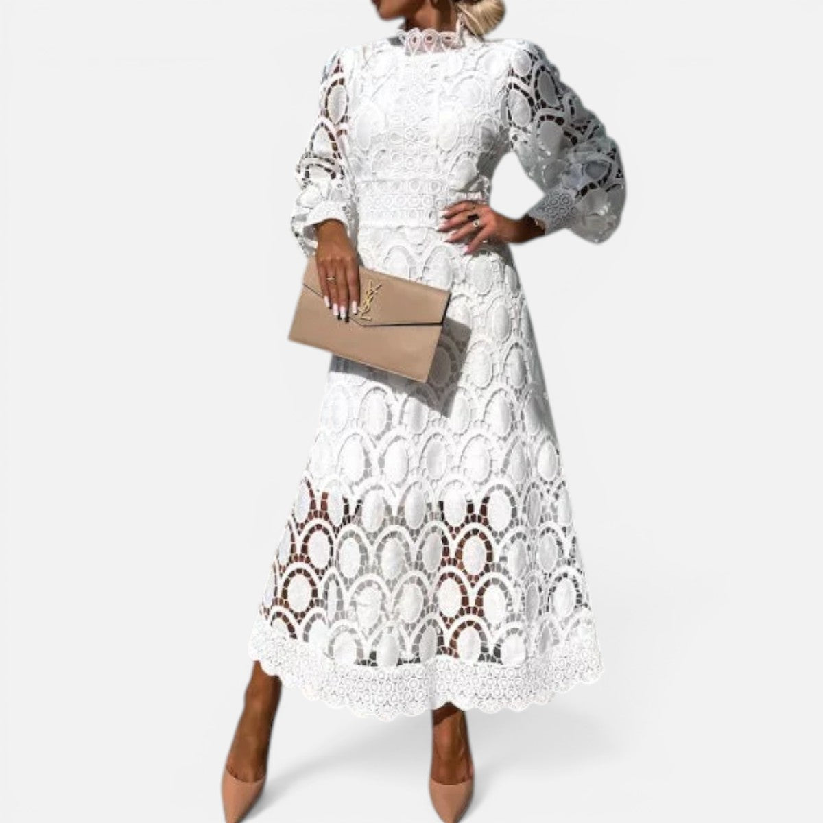 Duvrier | Womne's Lace Puff Sleeve Dress – Elegant High Neck Occasion Dress