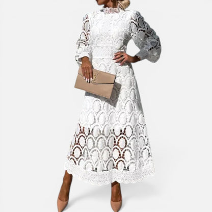 Duvrier | Womne's Lace Puff Sleeve Dress – Elegant High Neck Occasion Dress
