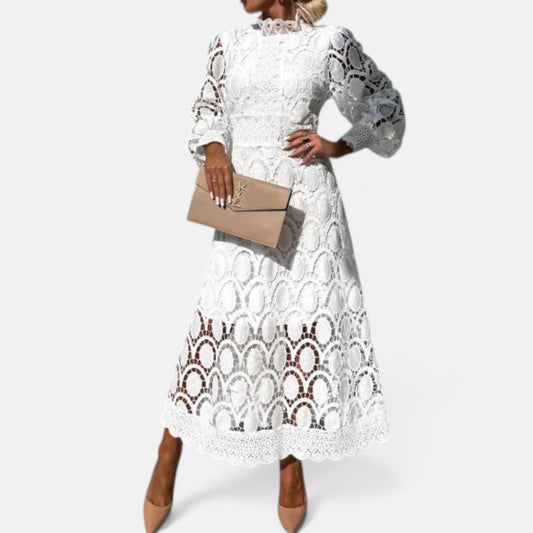 Duvrier | Womne's Lace Puff Sleeve Dress – Elegant High Neck Occasion Dress