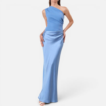 Duvrier | Women's Elegant One Shoulder Neck Pleated Party Maxi Dress