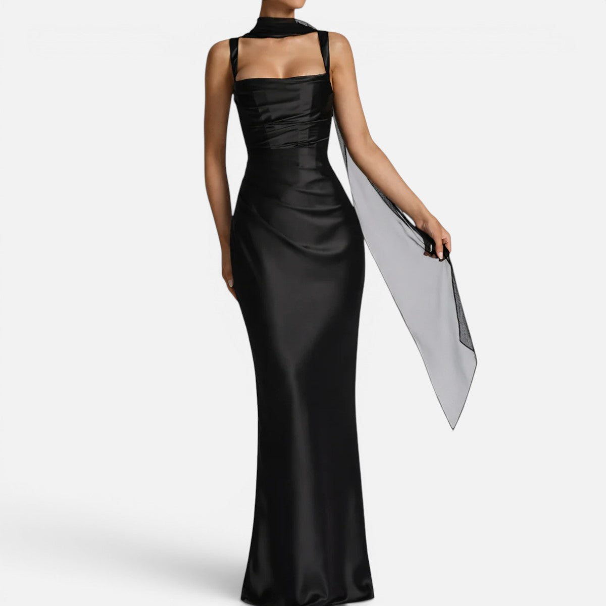 Duvrier | Women's Square Neck Ruched Satin Maxi Wedding Guest Dress