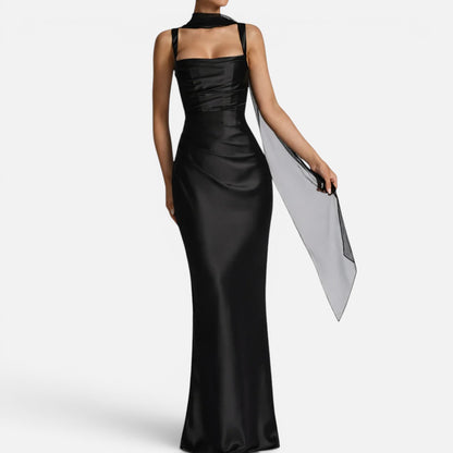Duvrier | Women's Square Neck Ruched Satin Maxi Wedding Guest Dress