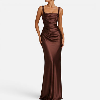 Duvrier | Women's Square Neck Ruched Satin Maxi Wedding Guest Dress