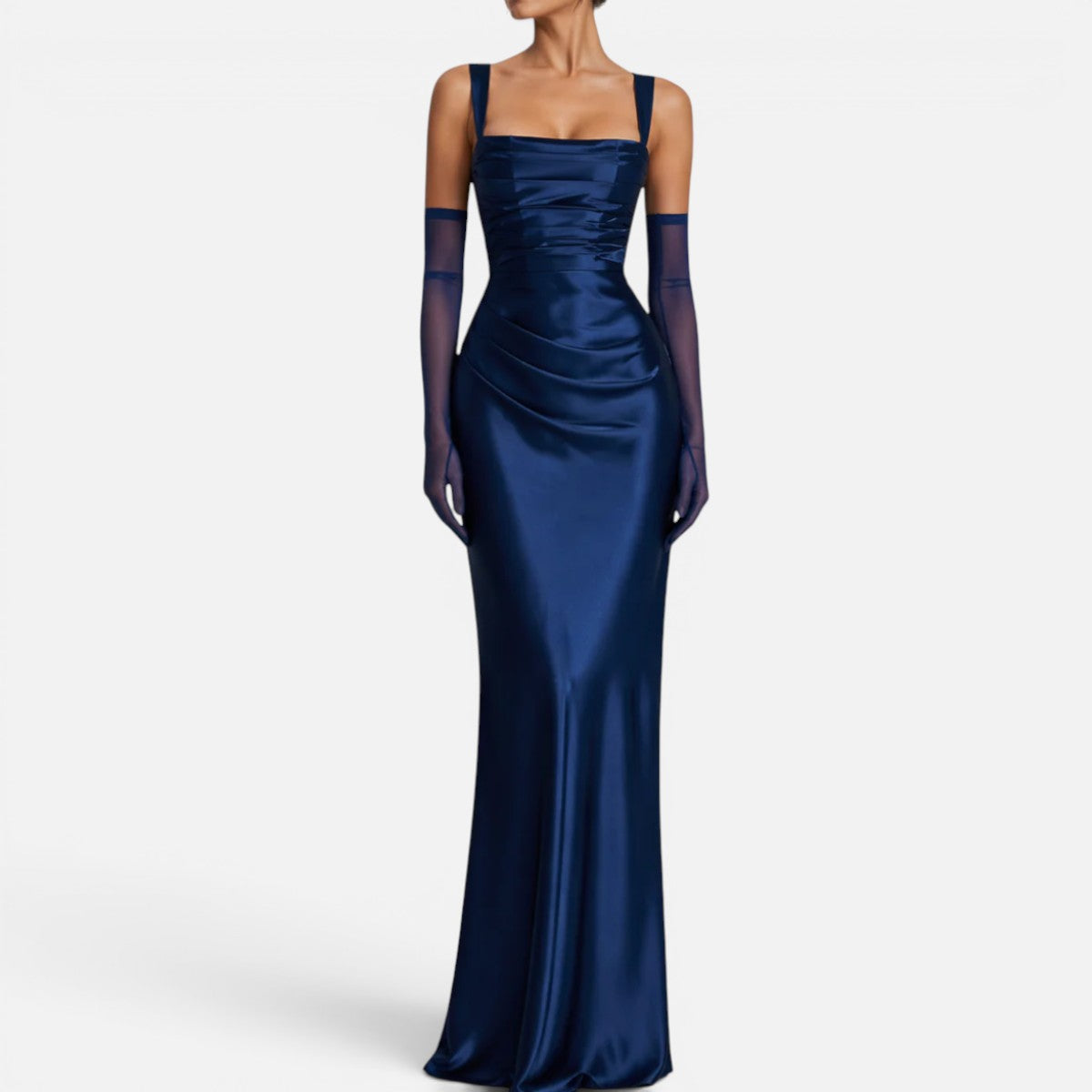Duvrier | Women's Square Neck Ruched Satin Maxi Wedding Guest Dress
