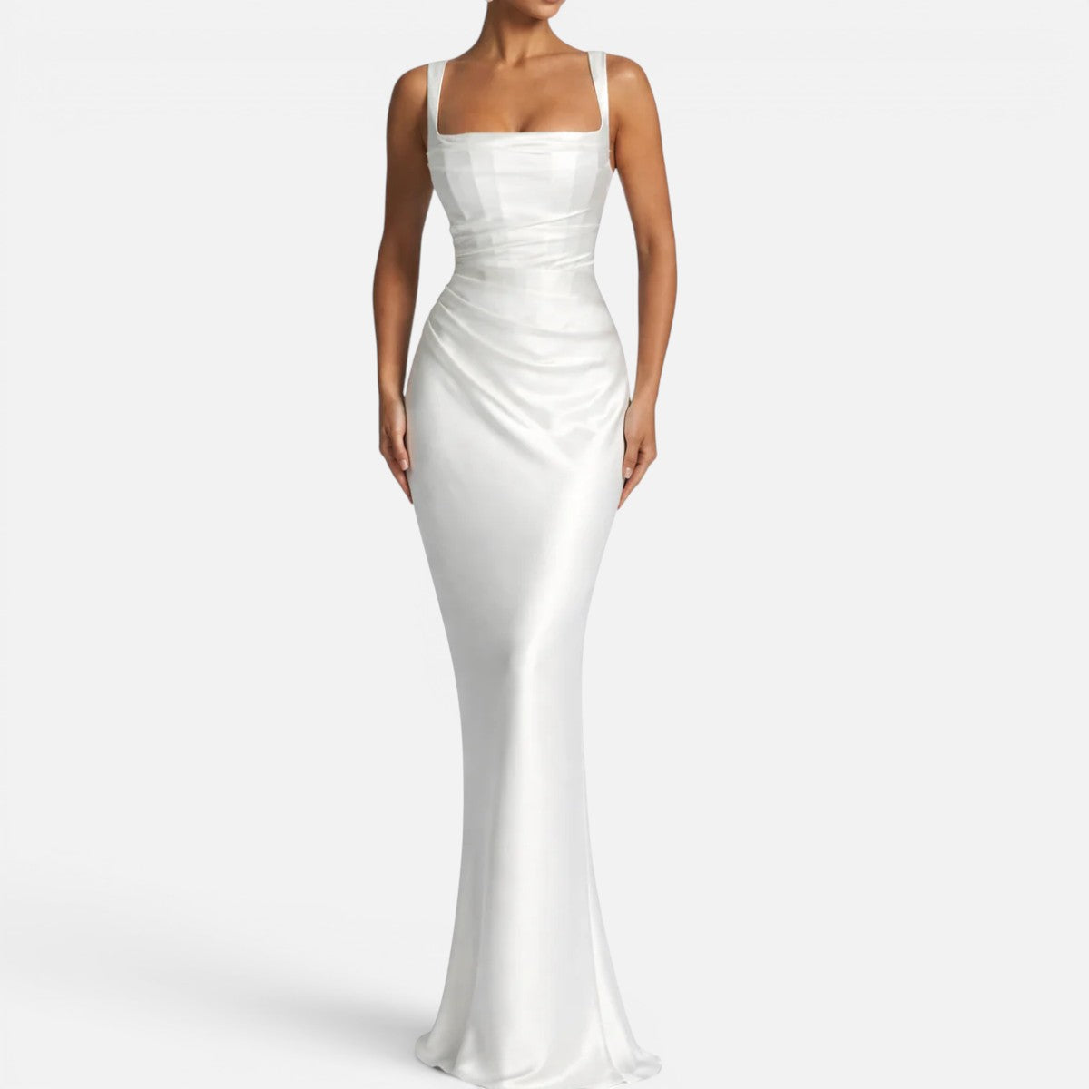 Duvrier | Women's Square Neck Ruched Satin Maxi Wedding Guest Dress