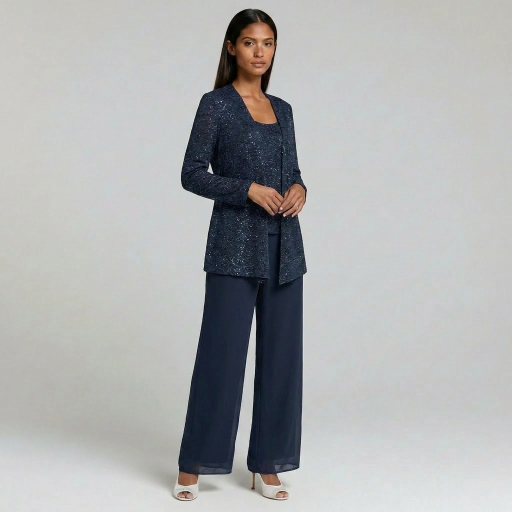 Duvrier | Women's Sequin Lace Jacket Three Piece Wide Leg Wedding Guest Trouser Suit
