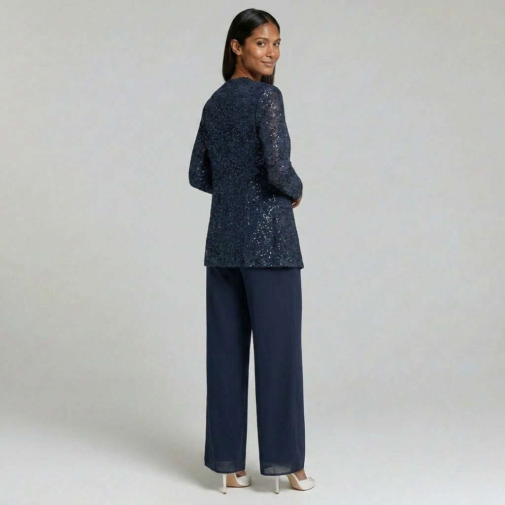 Duvrier | Women's Sequin Lace Jacket Three Piece Wide Leg Wedding Guest Trouser Suit
