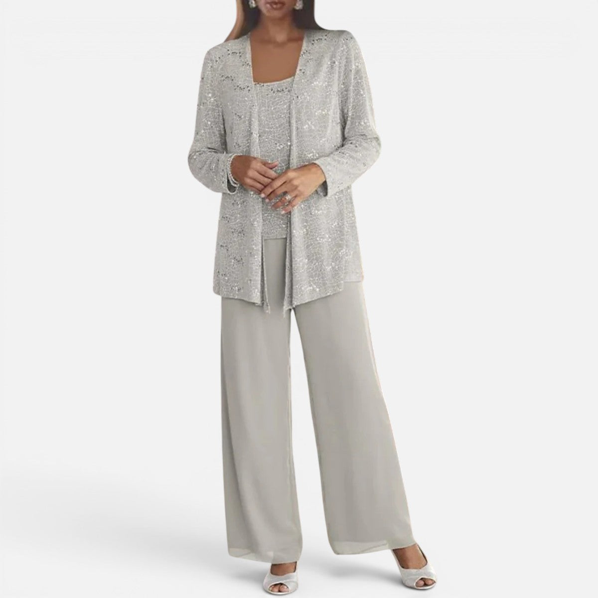 Duvrier | Women's Sequin Lace Jacket Three Piece Wide Leg Wedding Guest Trouser Suit
