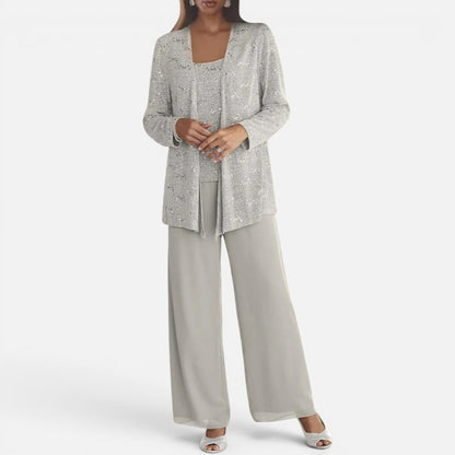 Duvrier | Women's Sequin Lace Jacket Three Piece Wide Leg Wedding Guest Trouser Suit