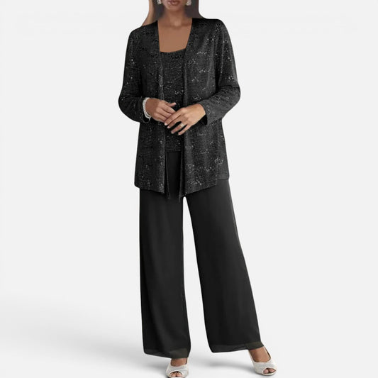 Duvrier | Women's Sequin Lace Jacket Three Piece Wide Leg Wedding Guest Trouser Suit
