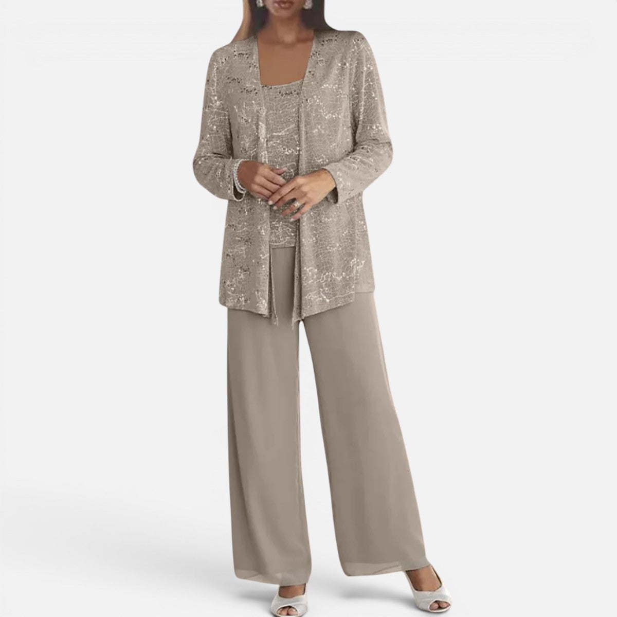 Duvrier | Women's Sequin Lace Jacket Three Piece Wide Leg Wedding Guest Trouser Suit