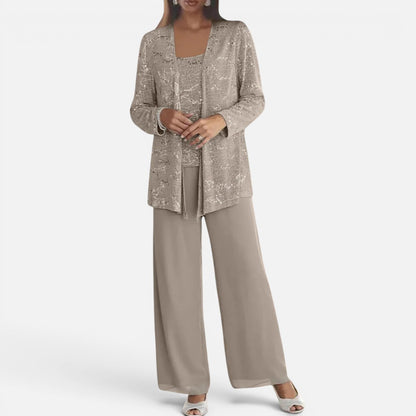 Duvrier | Women's Sequin Lace Jacket Three Piece Wide Leg Wedding Guest Trouser Suit