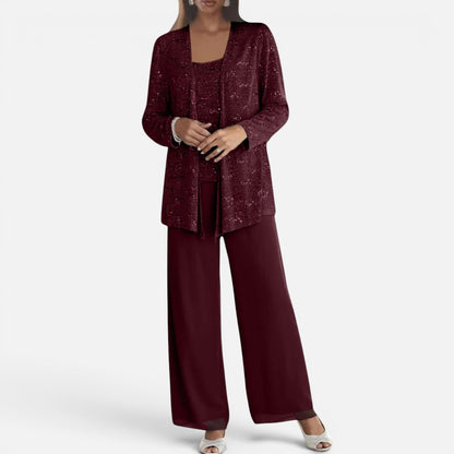 Duvrier | Women's Sequin Lace Jacket Three Piece Wide Leg Wedding Guest Trouser Suit