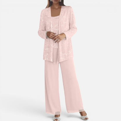Duvrier | Women's Sequin Lace Jacket Three Piece Wide Leg Wedding Guest Trouser Suit
